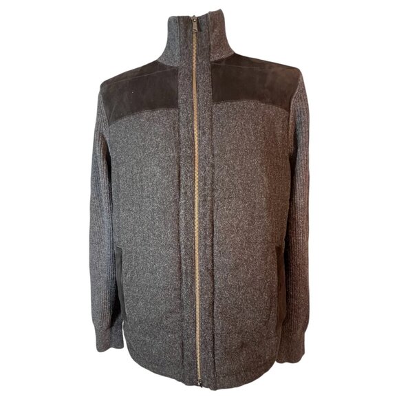 Banana Republic Mens Black Gray Wool Blend Full Zip Sweater Jacket Size L Suede - Picture 3 of 12